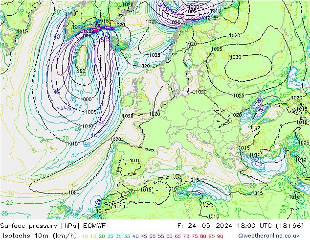 Isotachs (kph) ECMWF Pá 24.05.2024 18 UTC