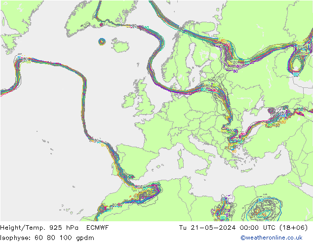 Height/Temp. 925 hPa ECMWF Út 21.05.2024 00 UTC