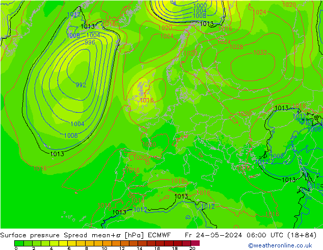 Atmosférický tlak Spread ECMWF Pá 24.05.2024 06 UTC