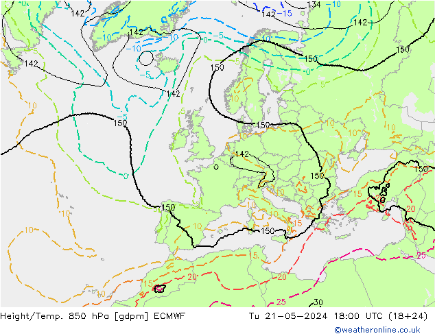 Height/Temp. 850 hPa ECMWF Di 21.05.2024 18 UTC