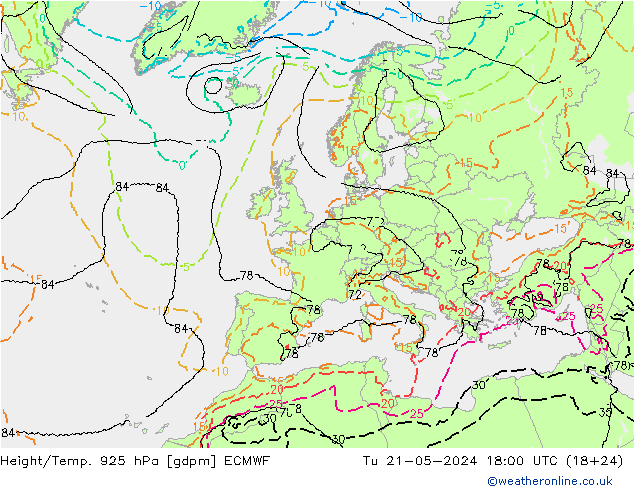 Height/Temp. 925 hPa ECMWF mar 21.05.2024 18 UTC