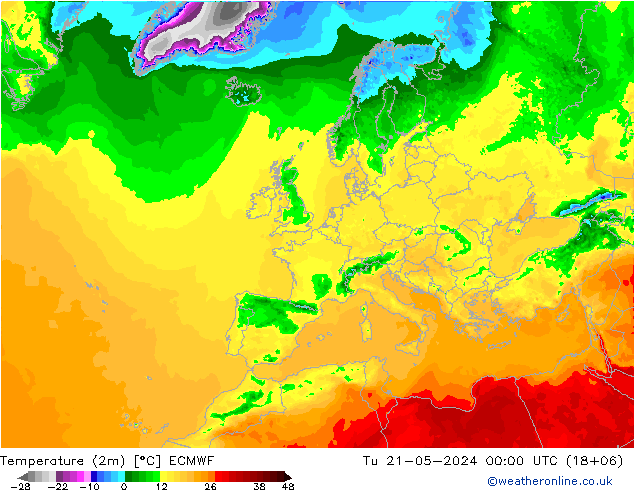 mapa temperatury (2m) ECMWF wto. 21.05.2024 00 UTC