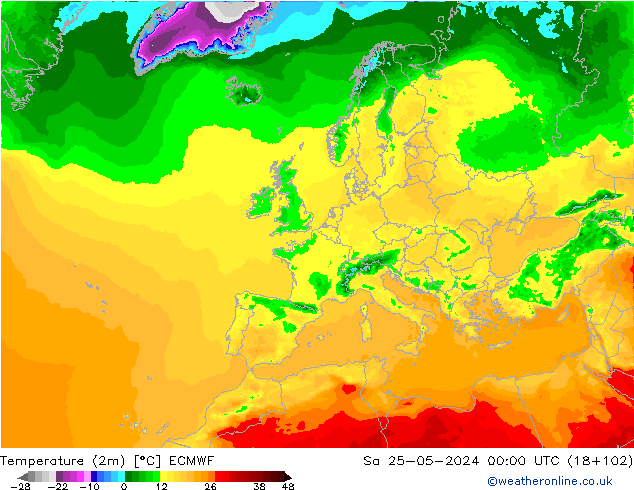 карта температуры ECMWF сб 25.05.2024 00 UTC