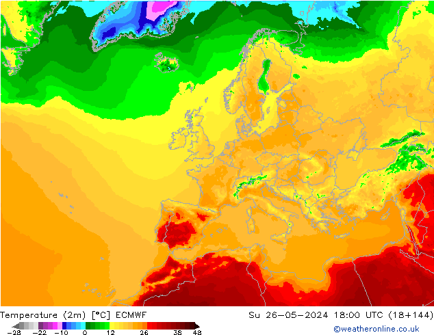 Temperatura (2m) ECMWF dom 26.05.2024 18 UTC