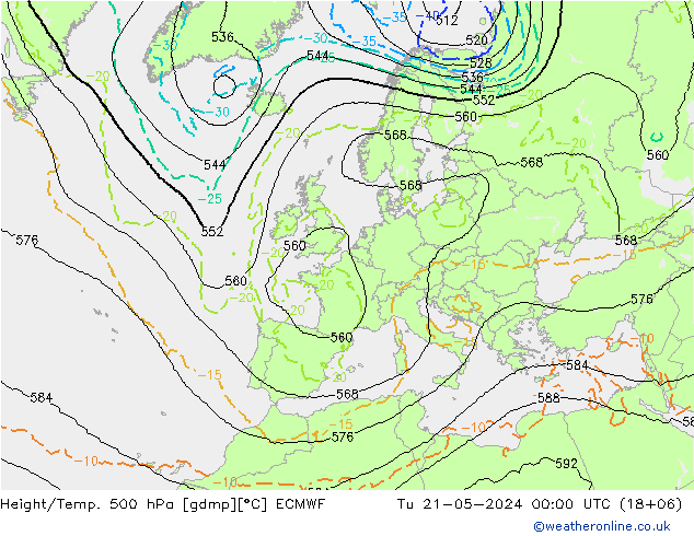 Hoogte/Temp. 500 hPa ECMWF di 21.05.2024 00 UTC