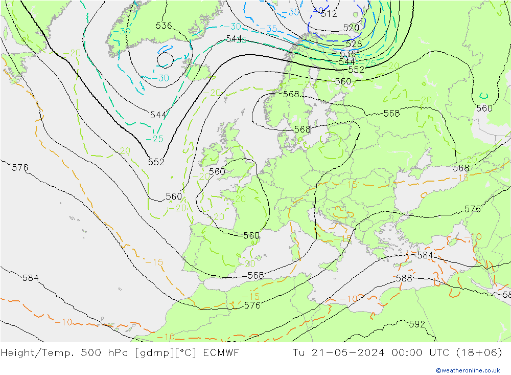 Height/Temp. 500 hPa ECMWF Di 21.05.2024 00 UTC
