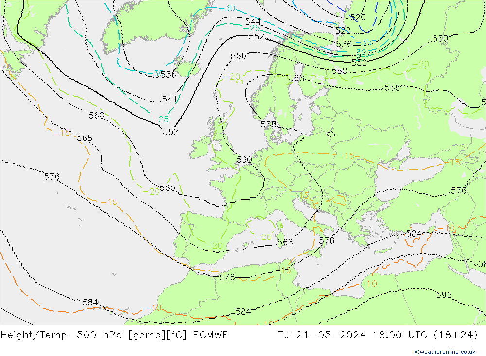 Height/Temp. 500 hPa ECMWF wto. 21.05.2024 18 UTC