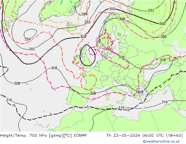 Height/Temp. 700 hPa ECMWF Th 23.05.2024 06 UTC