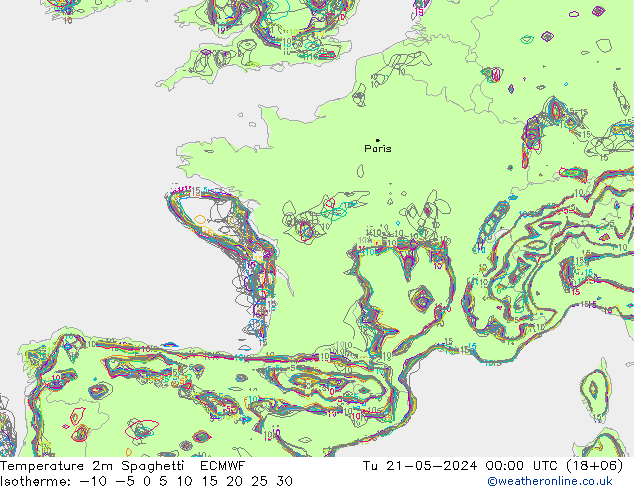 Temperature 2m Spaghetti ECMWF Út 21.05.2024 00 UTC