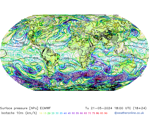Isotachen (km/h) ECMWF Di 21.05.2024 18 UTC