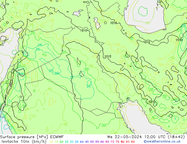 Isotachs (kph) ECMWF We 22.05.2024 12 UTC