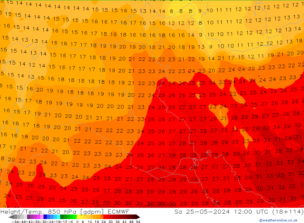 Yükseklik/Sıc. 850 hPa ECMWF Cts 25.05.2024 12 UTC