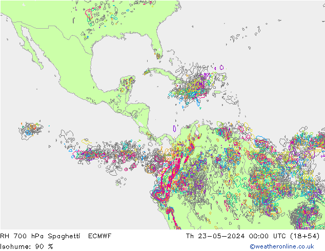 RH 700 hPa Spaghetti ECMWF Th 23.05.2024 00 UTC