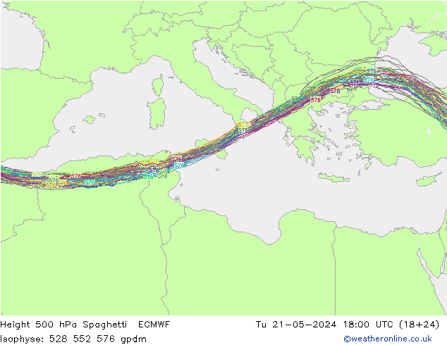 Height 500 hPa Spaghetti ECMWF wto. 21.05.2024 18 UTC