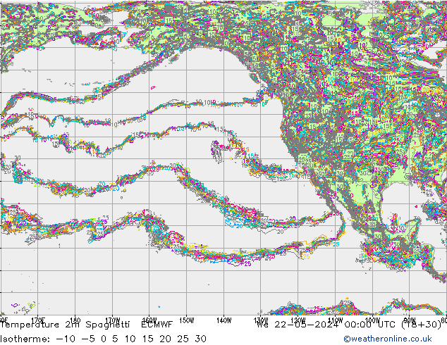 Temperatura 2m Spaghetti ECMWF mié 22.05.2024 00 UTC