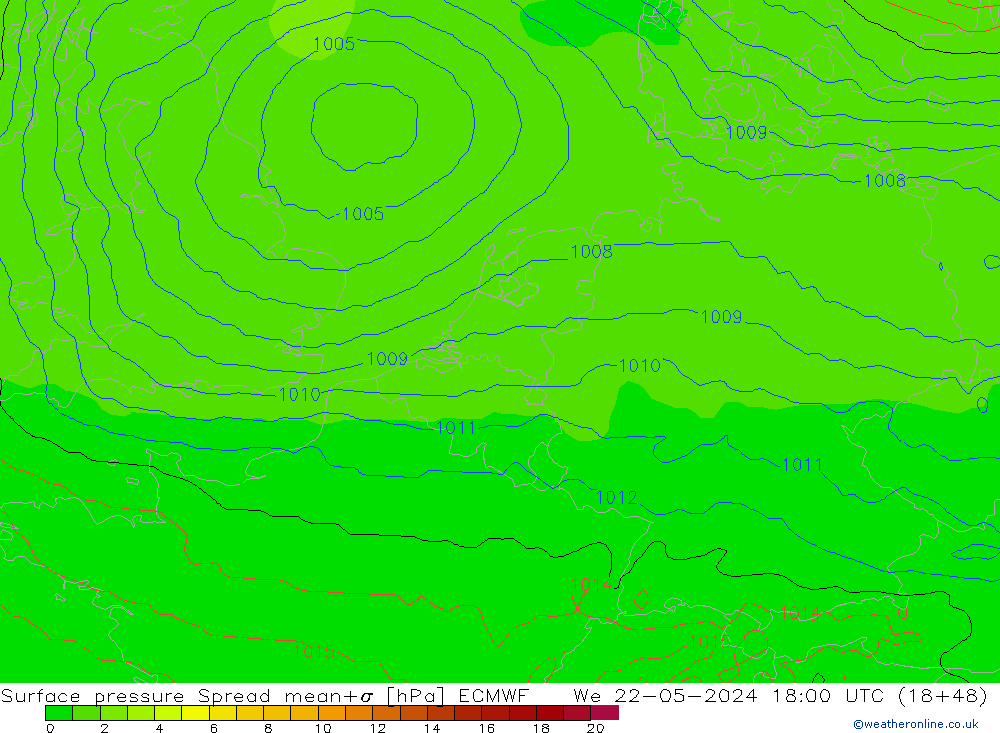 Surface pressure Spread ECMWF We 22.05.2024 18 UTC