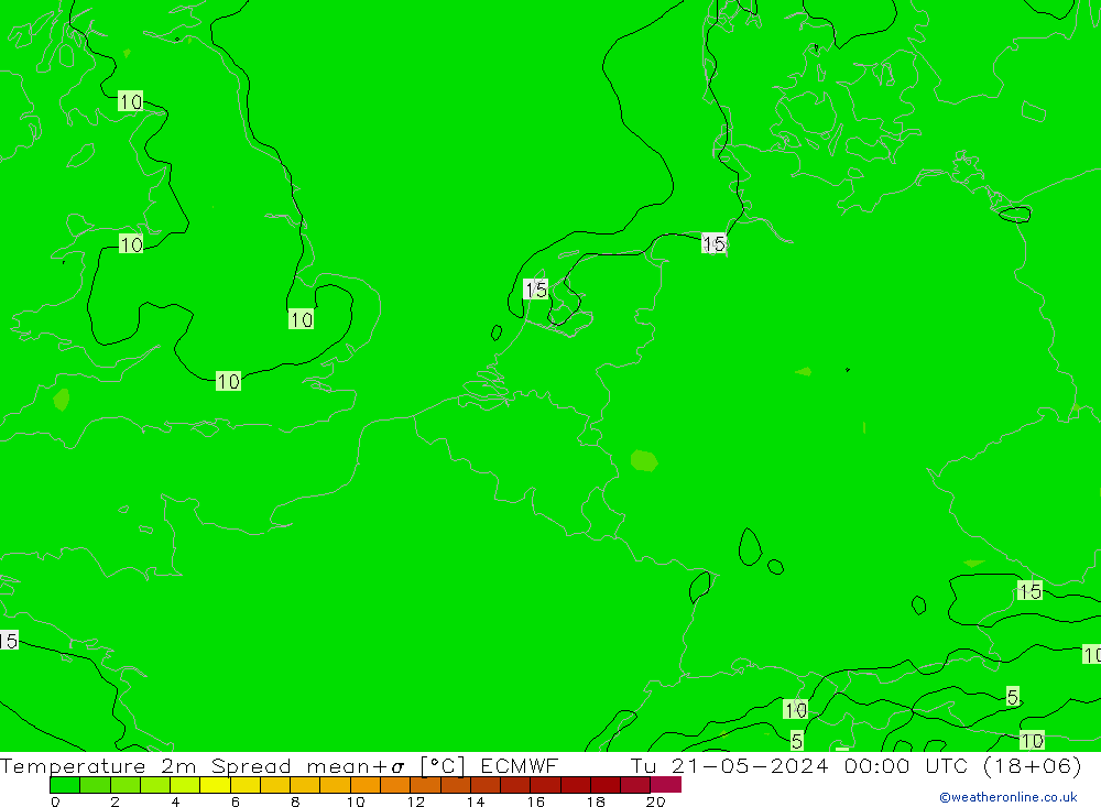 Temperature 2m Spread ECMWF Út 21.05.2024 00 UTC