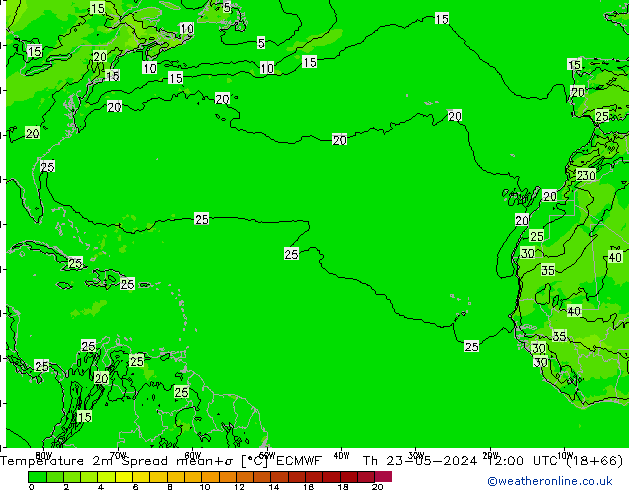 Temperatura 2m Spread ECMWF Qui 23.05.2024 12 UTC