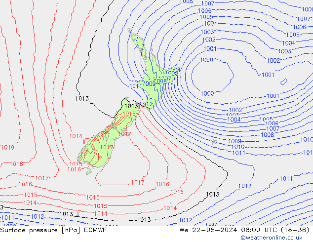 Presión superficial ECMWF mié 22.05.2024 06 UTC