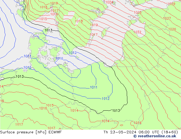 Presión superficial ECMWF jue 23.05.2024 06 UTC