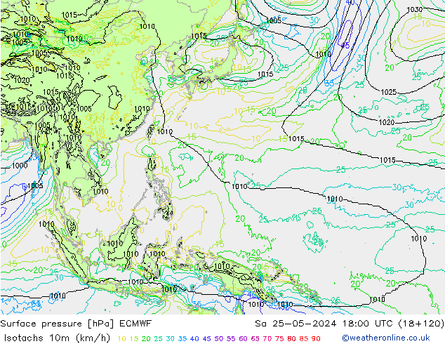 Isotachs (kph) ECMWF  25.05.2024 18 UTC