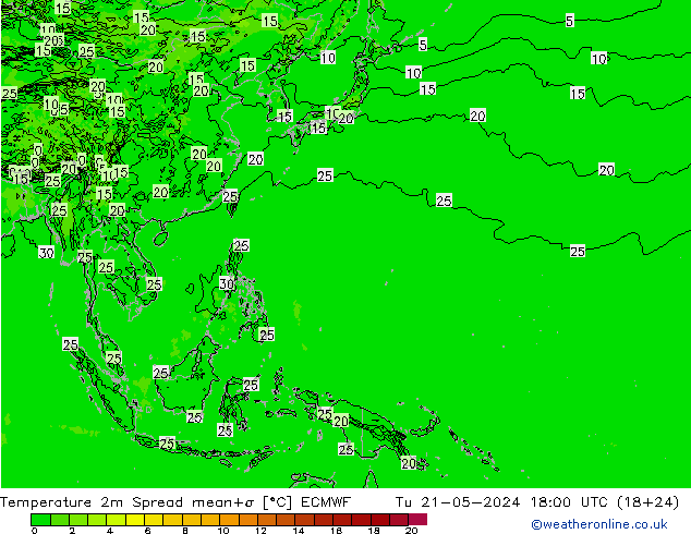 Temperature 2m Spread ECMWF Tu 21.05.2024 18 UTC