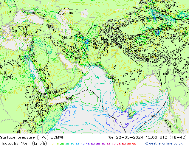 Isotachs (kph) ECMWF We 22.05.2024 12 UTC