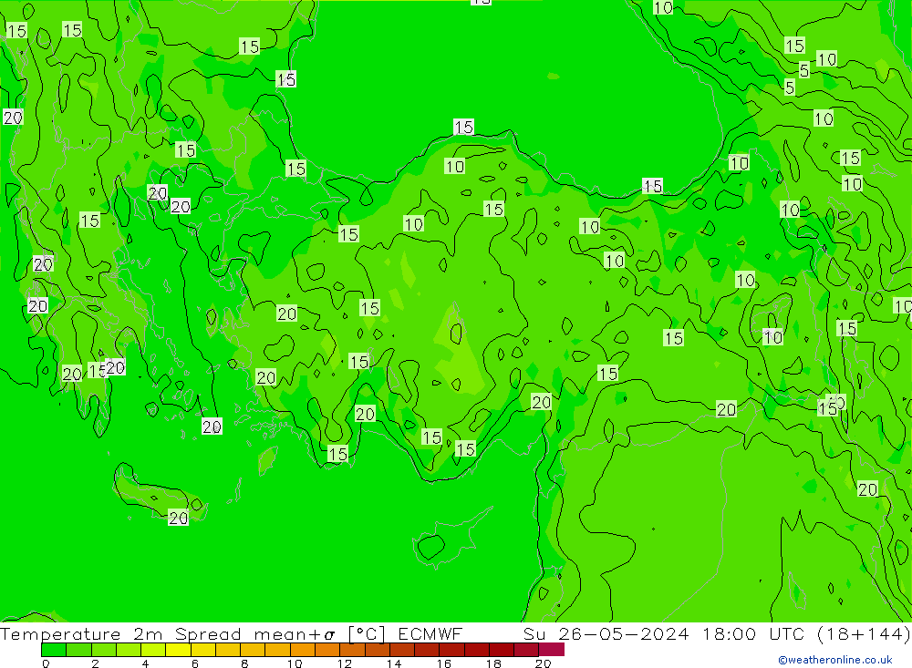 Temperatuurkaart Spread ECMWF zo 26.05.2024 18 UTC