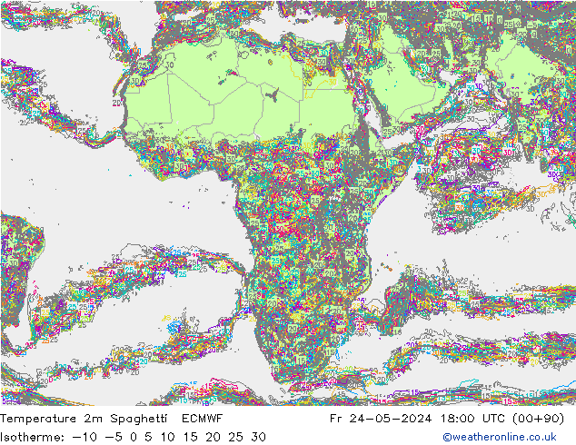 Temperature 2m Spaghetti ECMWF Fr 24.05.2024 18 UTC