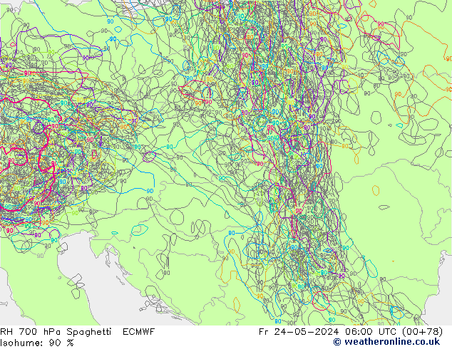 RH 700 hPa Spaghetti ECMWF Pá 24.05.2024 06 UTC