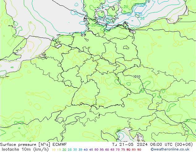 10米等风速线 (kph) ECMWF 星期二 21.05.2024 06 UTC