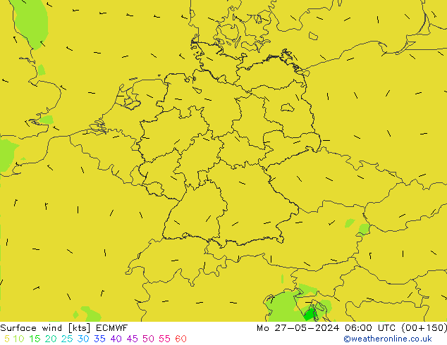 wiatr 10 m ECMWF pon. 27.05.2024 06 UTC