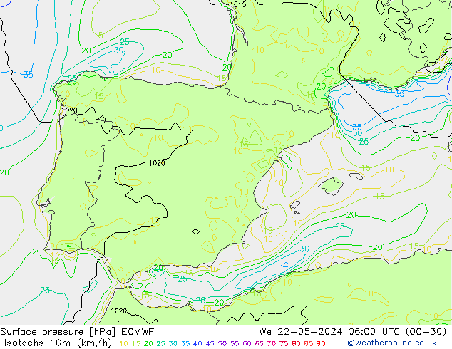 Isotachs (kph) ECMWF mer 22.05.2024 06 UTC