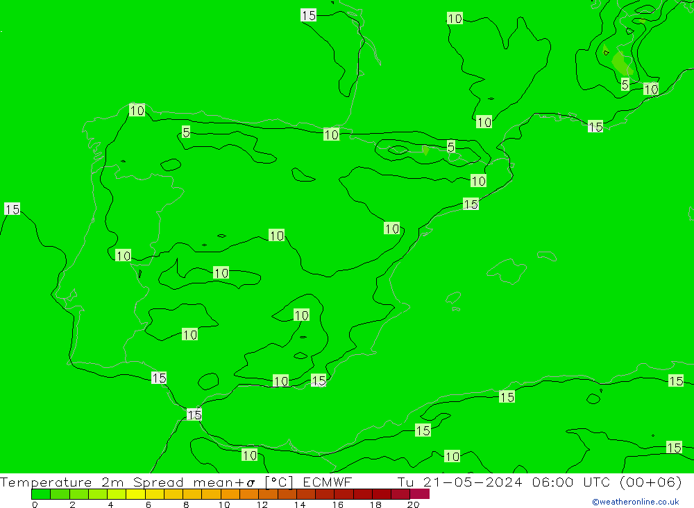 Temperature 2m Spread ECMWF Út 21.05.2024 06 UTC