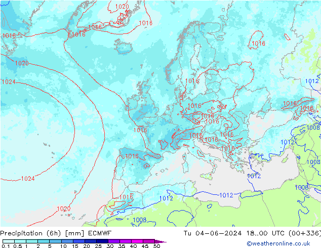 Precipitation (6h) ECMWF Tu 04.06.2024 00 UTC