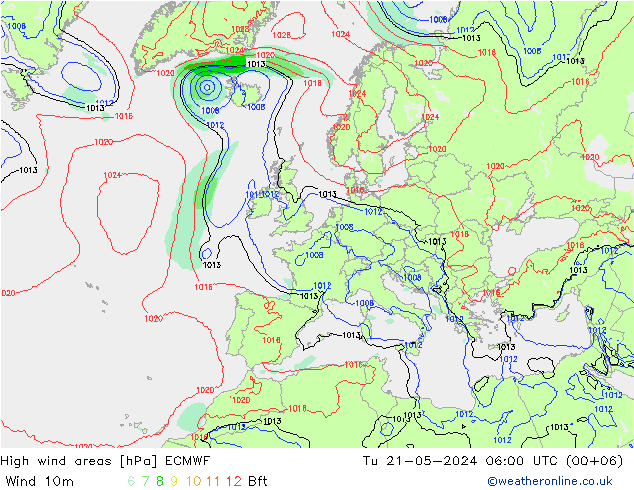 High wind areas ECMWF вт 21.05.2024 06 UTC