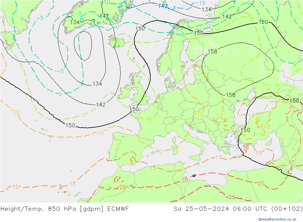 Height/Temp. 850 hPa ECMWF So 25.05.2024 06 UTC