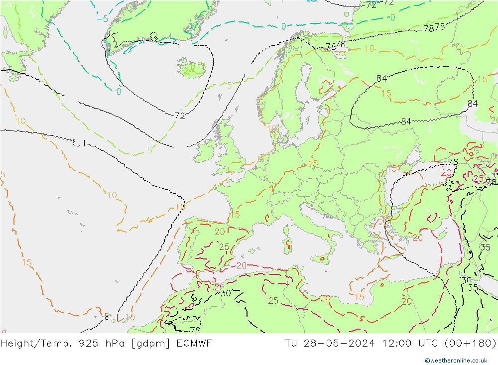 Height/Temp. 925 hPa ECMWF  28.05.2024 12 UTC