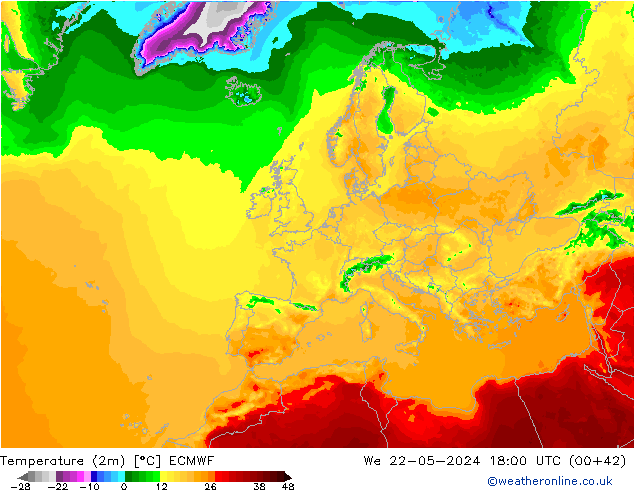 Temperatuurkaart (2m) ECMWF wo 22.05.2024 18 UTC