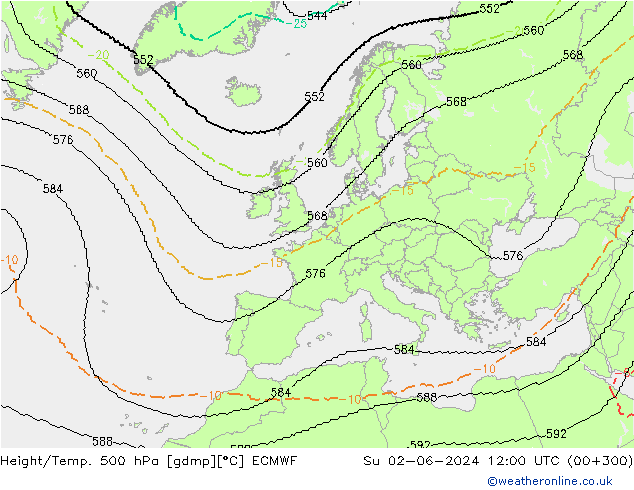 Hoogte/Temp. 500 hPa ECMWF zo 02.06.2024 12 UTC