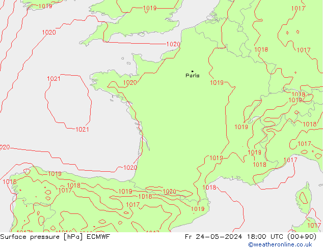 Presión superficial ECMWF vie 24.05.2024 18 UTC