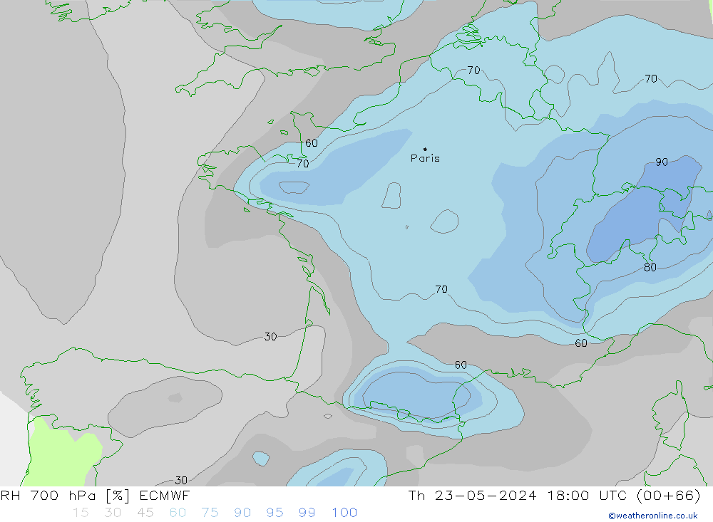 RH 700 hPa ECMWF czw. 23.05.2024 18 UTC