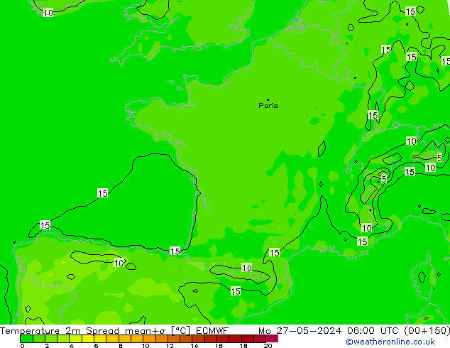 Temperature 2m Spread ECMWF Po 27.05.2024 06 UTC