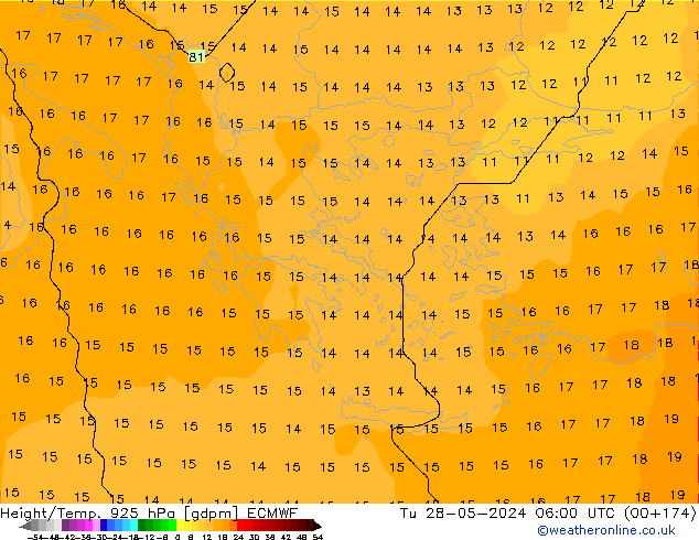 Height/Temp. 925 hPa ECMWF wto. 28.05.2024 06 UTC