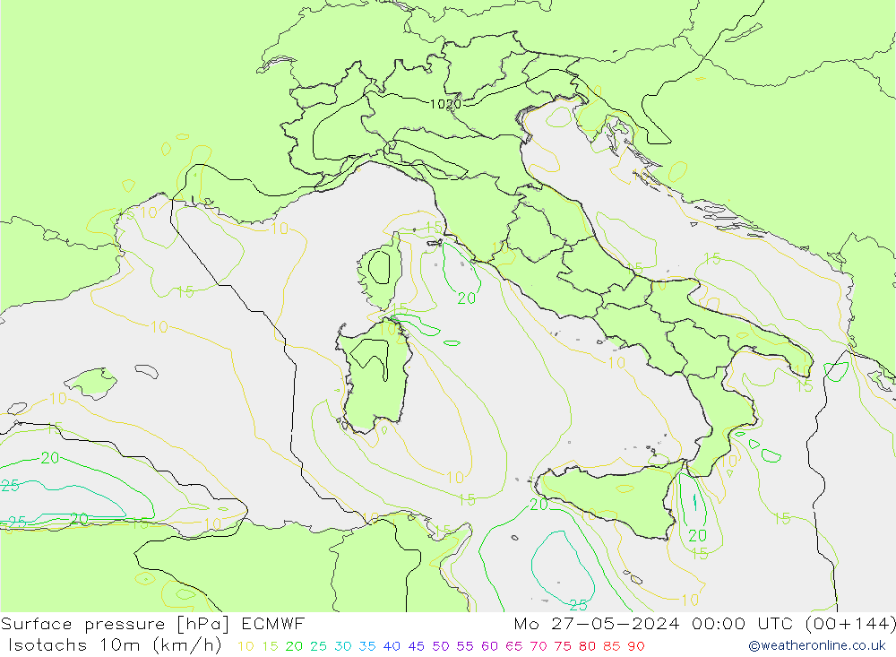 Isotachs (kph) ECMWF Po 27.05.2024 00 UTC