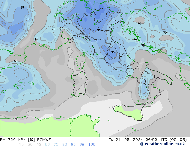 Humidité rel. 700 hPa ECMWF mar 21.05.2024 06 UTC