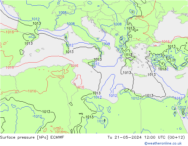 Surface pressure ECMWF Tu 21.05.2024 12 UTC