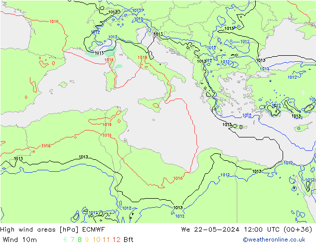 High wind areas ECMWF mié 22.05.2024 12 UTC