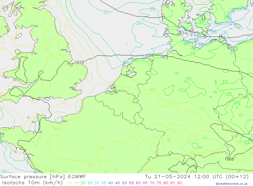 Isotachen (km/h) ECMWF Di 21.05.2024 12 UTC