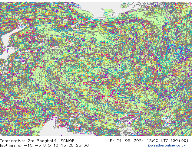 Temperature 2m Spaghetti ECMWF Fr 24.05.2024 18 UTC